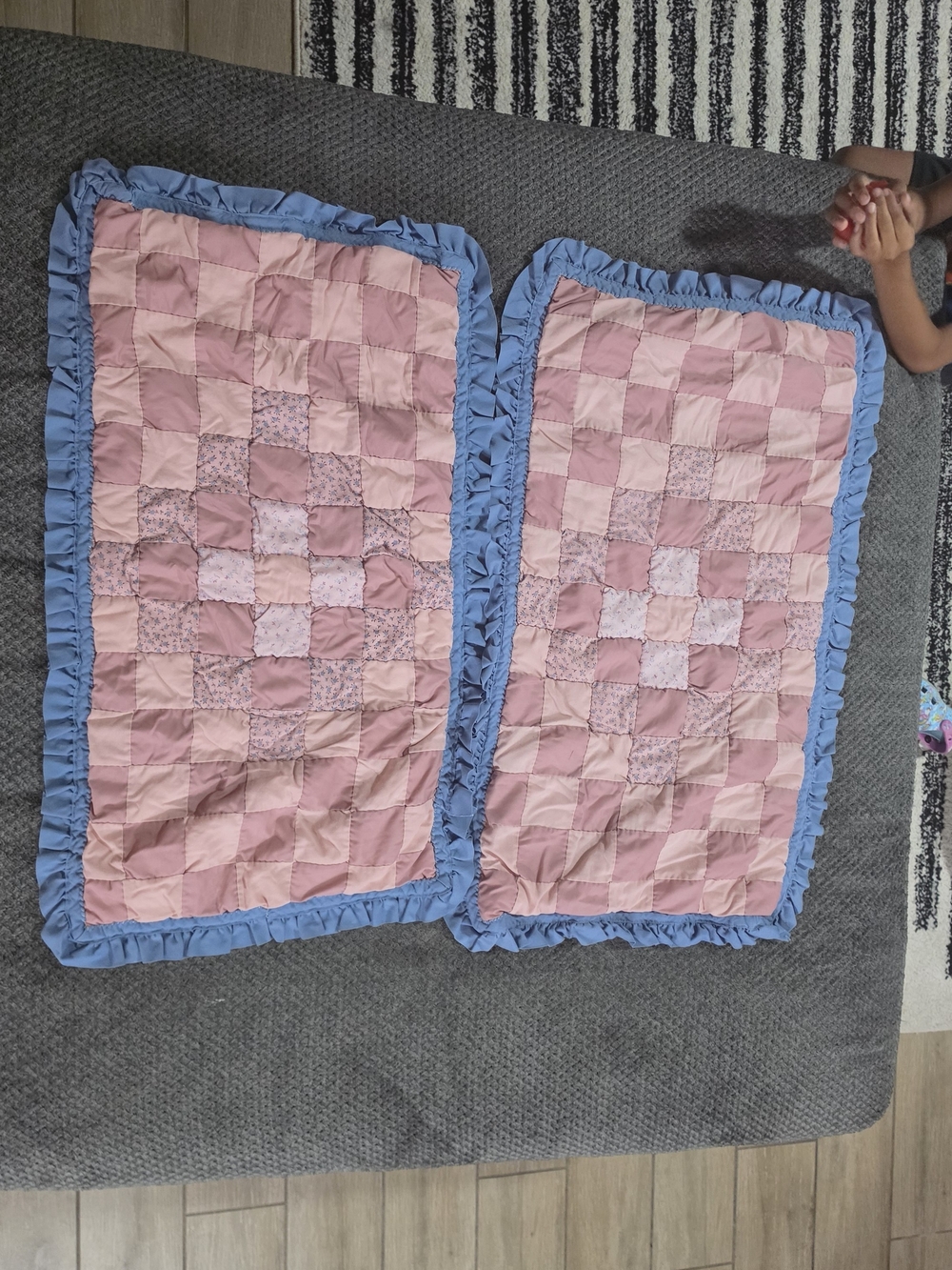 Handmade Pink Patchwork Pillow Shams with Blue Ruffle Trim